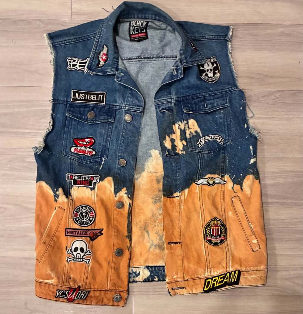 Black Keys Denim Vest Size XL Bleach Wash Custom Patches Punk Rock